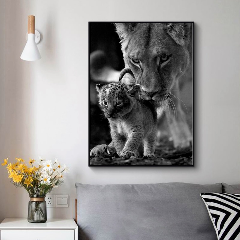 Lioness and Cub Black and White Canvas Art Paintin..